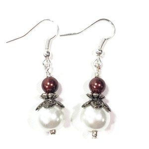 Silver and White Pearl Earrings Dangles Hooks